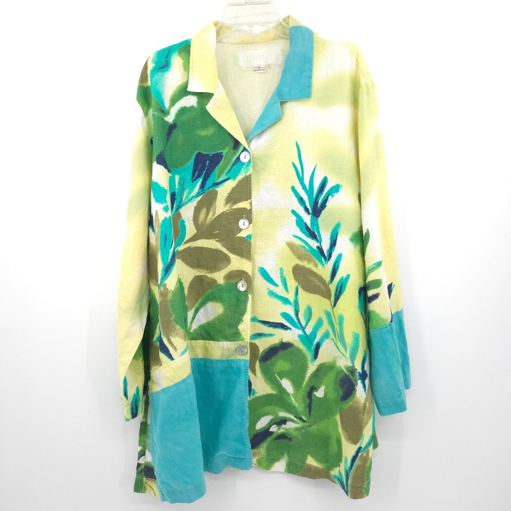 David Dart Linen Button Up Shirt Vintage Womens 2X Green Yellow Tropical Floral